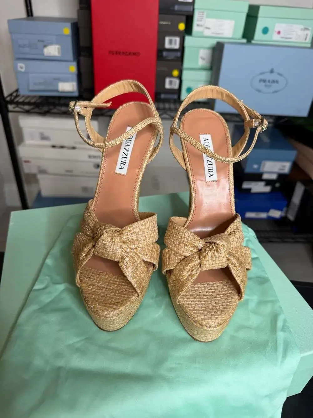 Aquazzura Nina Plateau 130 Natural  Raffia Platform Sandals EU 39 MSRP $1,300